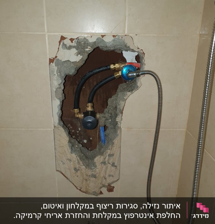 צינורות מים חשופים בקיר עם חיבורים